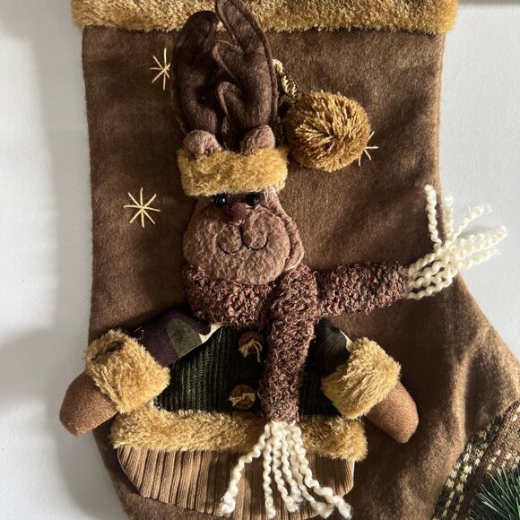 Rustic Christmas Stocking 3D Plush Reindeer Moose Trees Stars & Evergreen Decor - Picture 6 of 10